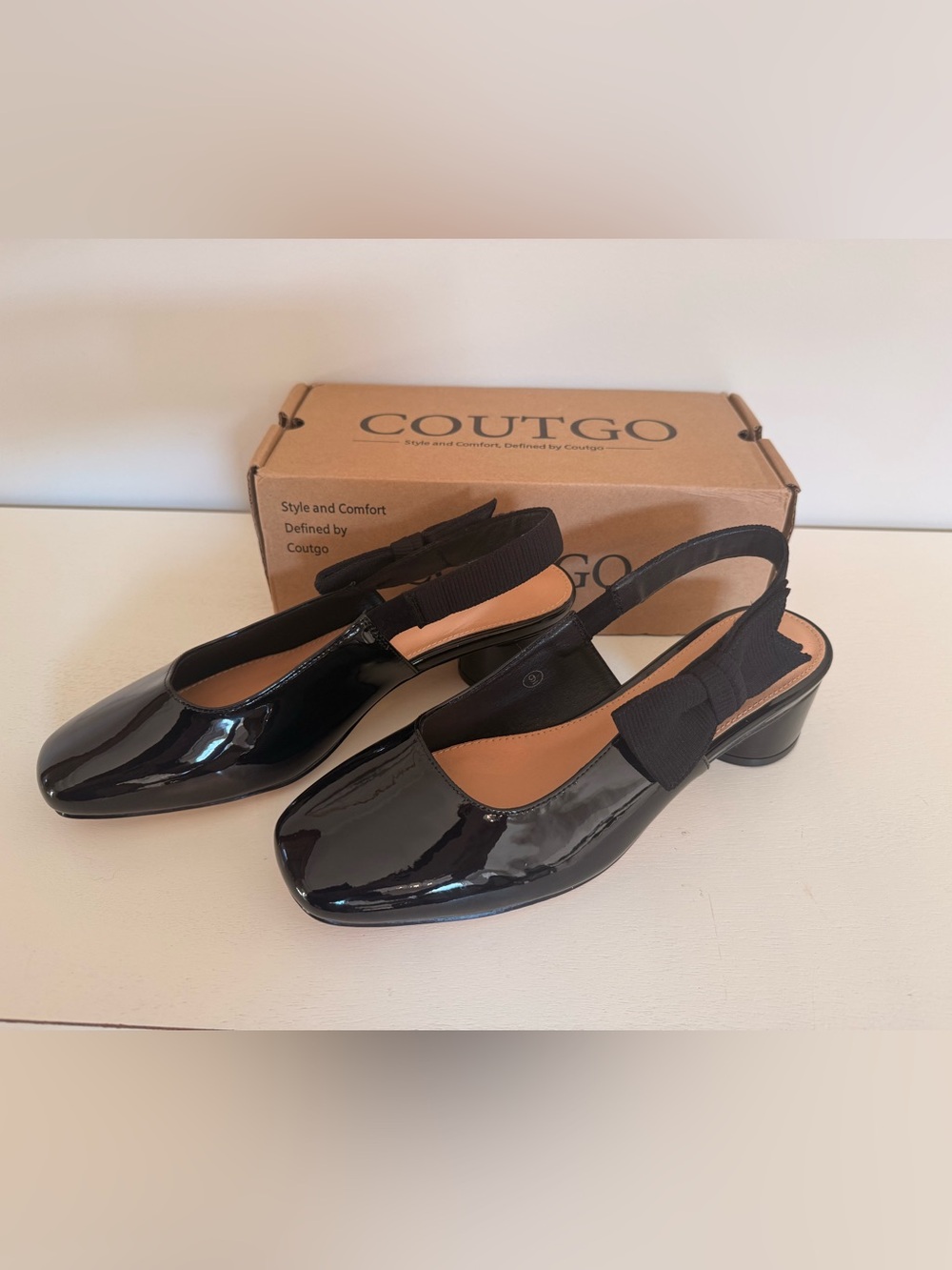 Women's Black Patent Slingback Kitten Heels bow accent NEW in box size 9